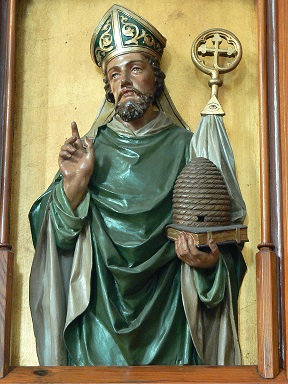 St.Peter am Wimberg ( Oberösterreich ). Pfarrkirche: Neogotische Kanzel ( 1904 ) von Michael Plakolb - Relief des Kirchenvaters Ambrosius